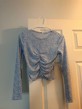 All in Favor Blue Floral Ruched Long-Sleeve Top